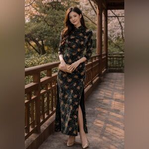 MOMO_TOBO Green Floral Velvet Dress, Whimsigoth Cottagecore Boho Chic Size L